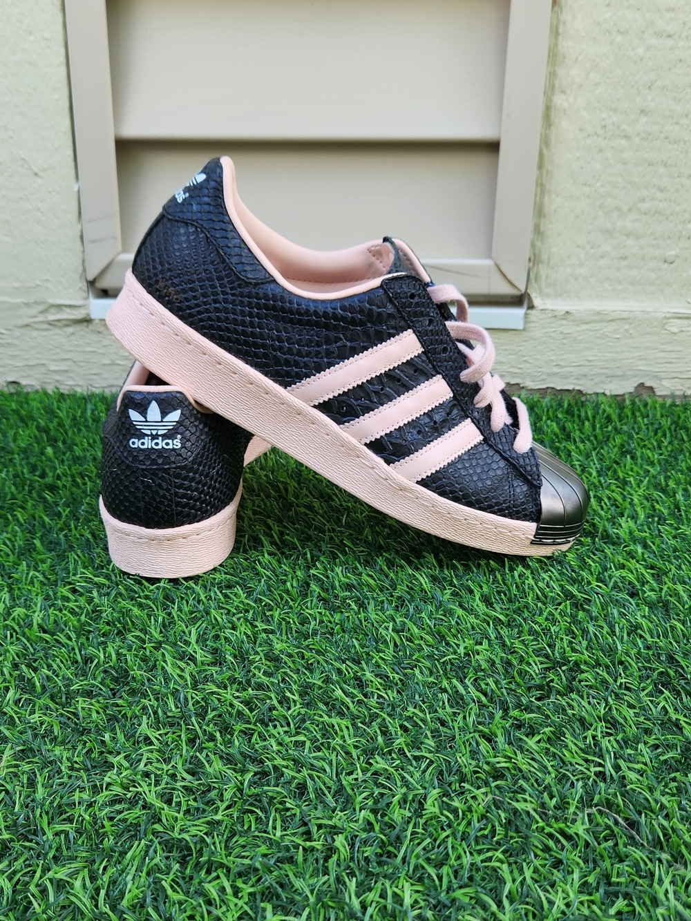 Adidas Superstar Snake-Textured Sneakers in Black & Light Pink Women's SIZE 8.5